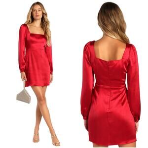 NWT Lulus Got The Love Red Satin Square Neck Mini Dress Long Sleeve Small